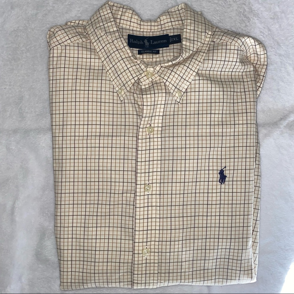 Ralph Lauren Men’s Tan, Brown and Cream Plaid Oxford Shirt - Classic Fit